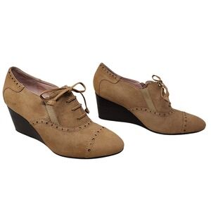 Taryn Rose Ankle Booties 7.5 Womens Katri Tan Suede Wingtip Wedge Lace Up Shoes
